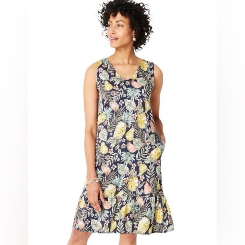 J. Jill Women's Flounced Hem Double V-Neck Knit Pocketed Fruit Dress Sz L Petite